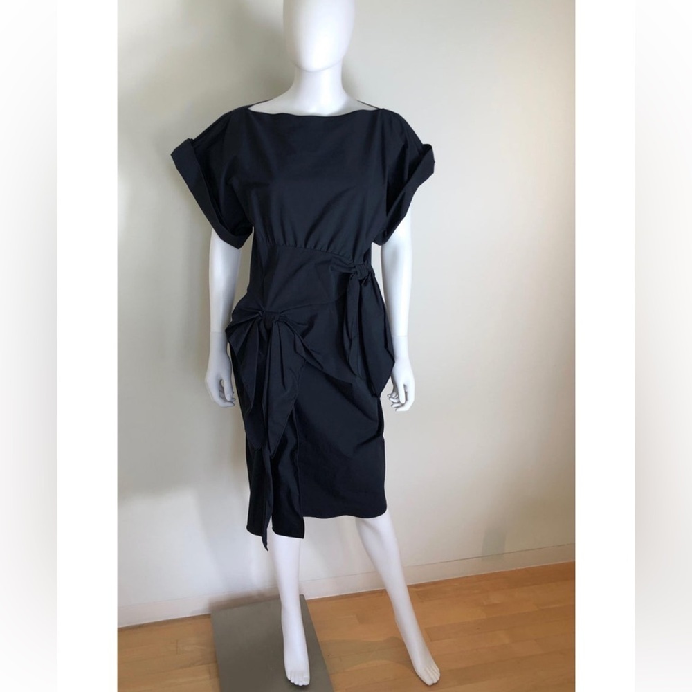 Bottega Veneta Dark Navy Blue Boat Neck Short Sleeve Bias Midi Bow Dress Size 10